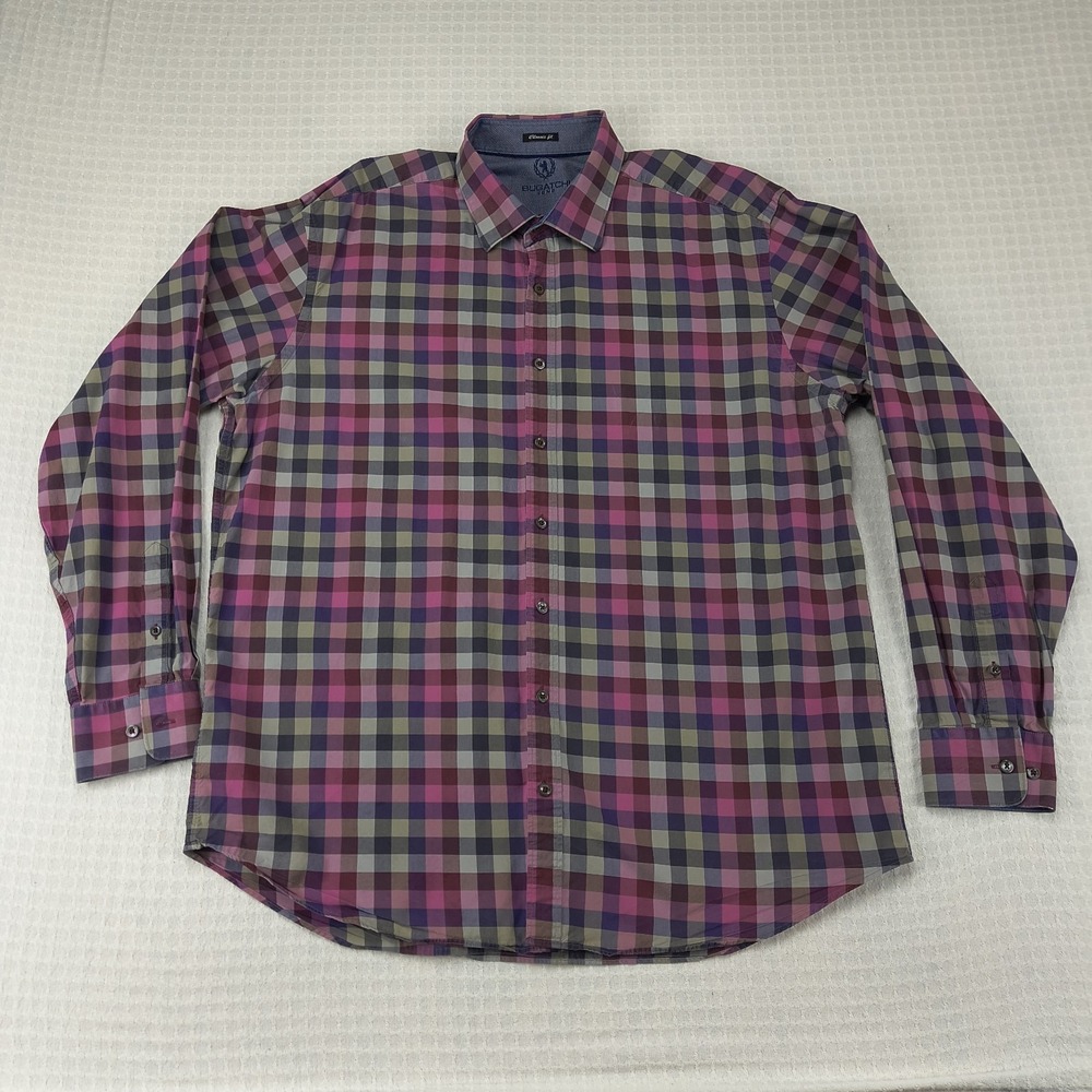 Bugatchi Uomo Mens XXL Classic Fit Long Sleeve Plaid Button Up Shirt Multicolor - Picture 10 of 11